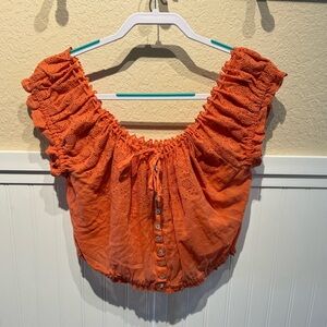 Free People Eyelet You A Lot Cotton Crop Orange Embroidered Off Shoulder S